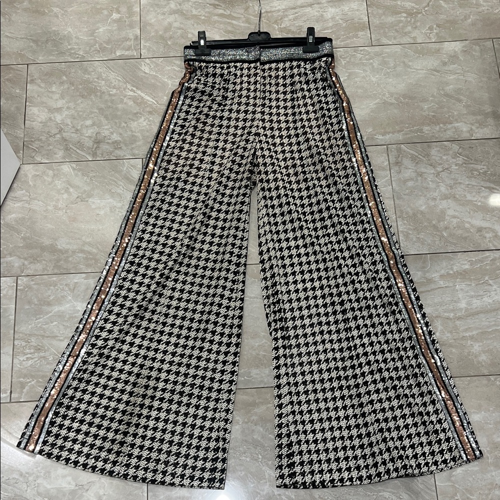 Houndstooth Wide Leg Sequin-Trim Pants - Black & White with Rose Gold Stripe